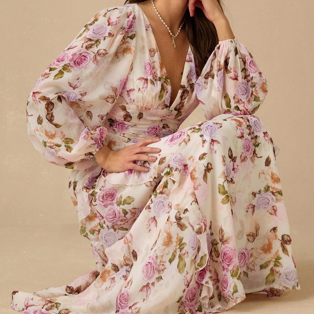Pink Boho Women's Rose Print Maxi Dress - Picture 3 of 6